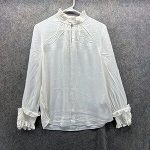 Kobi Halperin Shirt Womens Small White Silk Blend Ruffle Neck Cuff Blouse